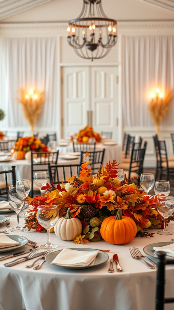 A fall wedding table with a colorful centerpiece made of pumpkins and autumn leaves.