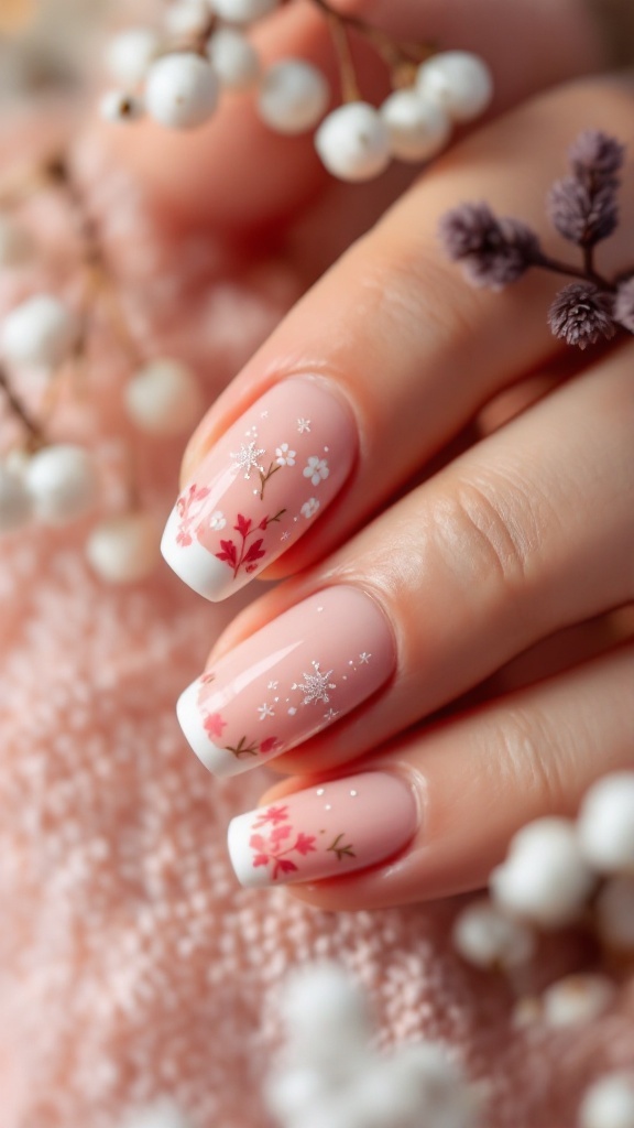 Close-up of bridal gel nails featuring soft pink colors and floral designs, set against a soft background.