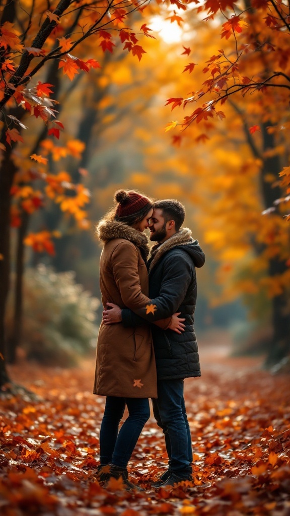 Couple embracing in an autumn setting with colorful leaves.
