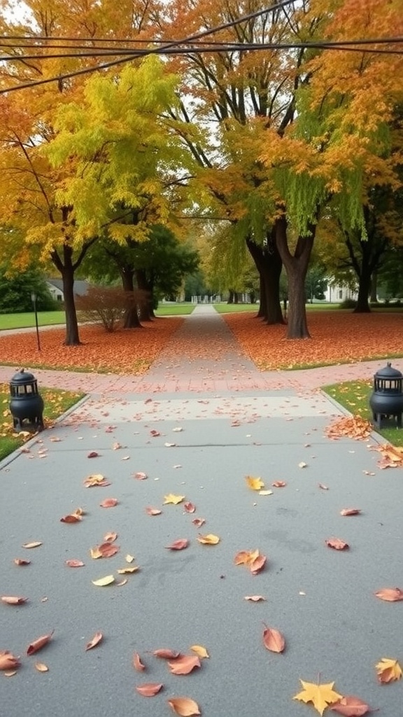 A picturesque pathway lined with trees displaying vibrant autumn leaves.