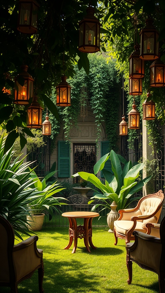 A cozy garden setting with hanging lanterns, plush seating, and lush greenery, creating a tranquil atmosphere for a bridal shower.