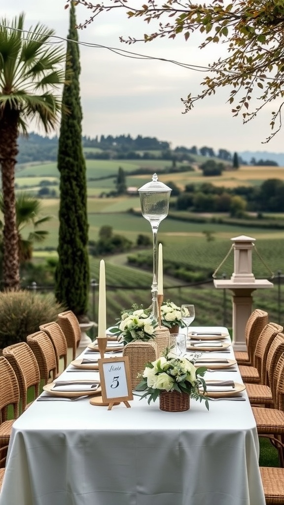 A beautifully set outdoor table in the Italian countryside with flowers, candles, and a scenic landscape.