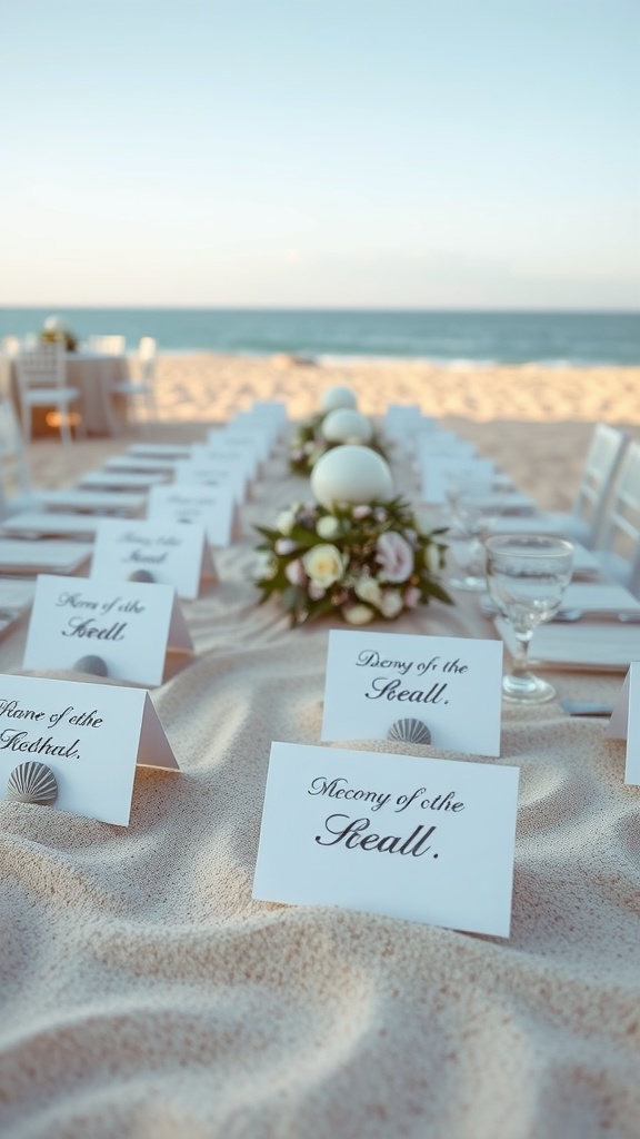 Table set for a beach wedding reception with shell-inspired place cards