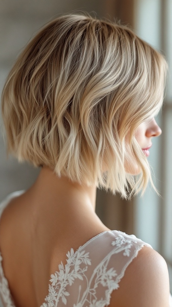 A beautiful short bob hairstyle with feathered layers styled for a bridesmaid.