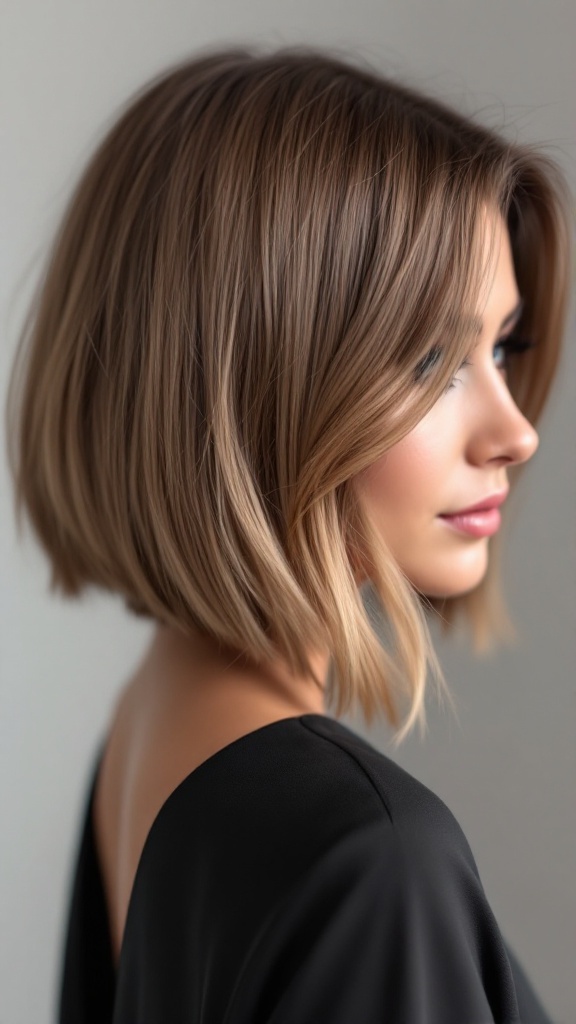 A side-swept bob hairstyle with a smooth finish, showcasing chin-length hair styled elegantly.