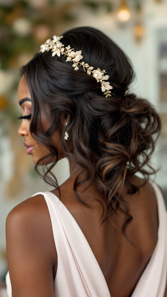 A woman with side-swept curls and a floral headband, showcasing an elegant bridesmaid hairstyle.