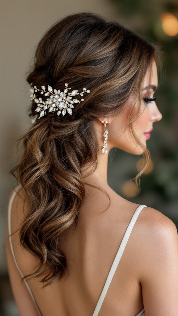 A woman with long hair styled in side-swept curls, adorned with a sparkling hair accessory.