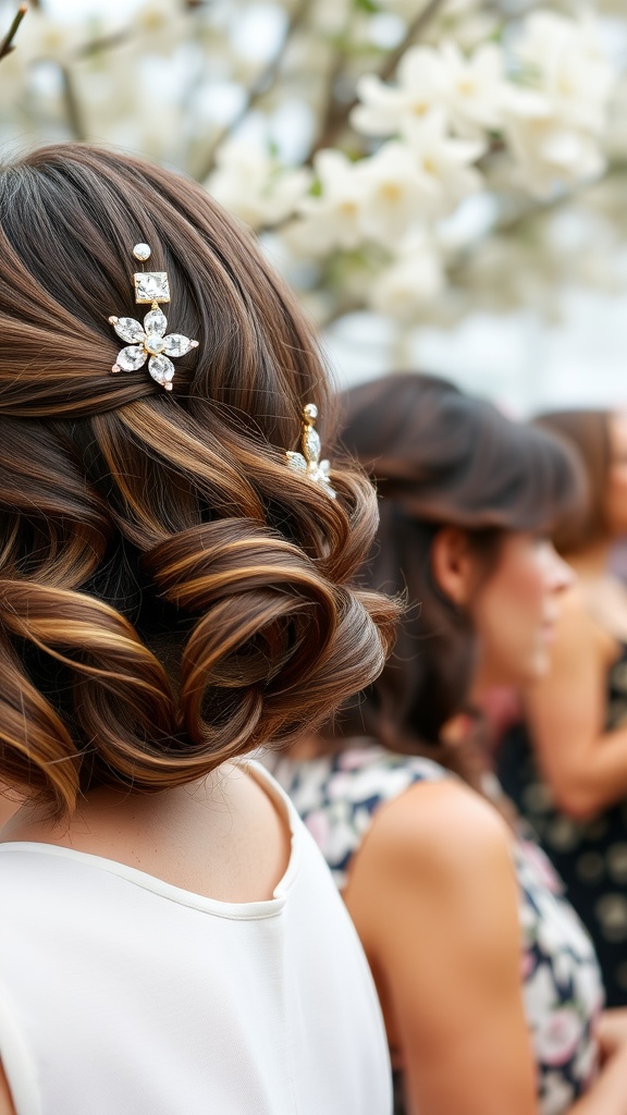 A close-up of a hairstyle featuring side-swept curls adorned with sparkling clips.
