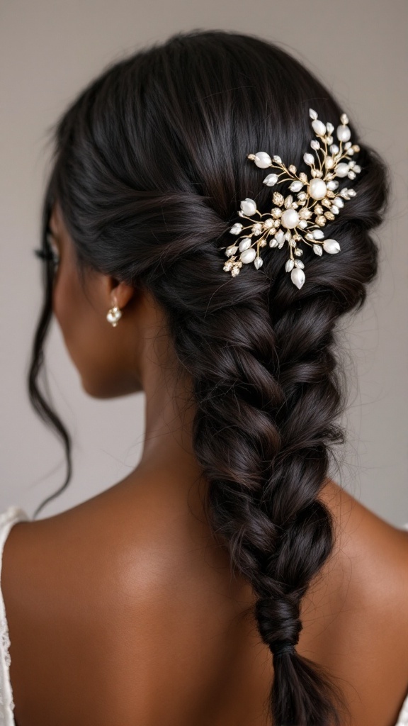A beautiful side braid with a statement hairpiece featuring pearls and gold accents.