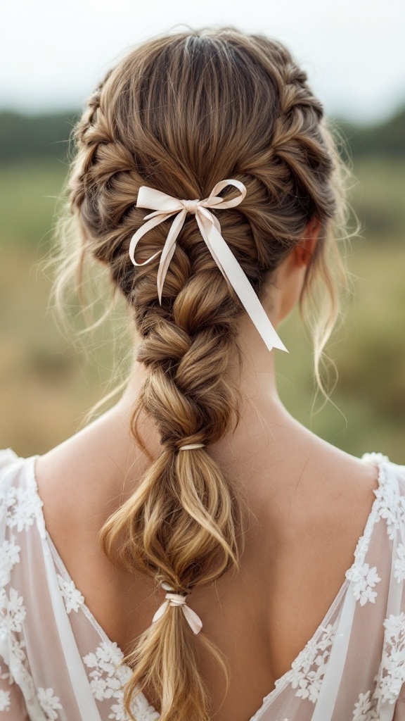 A side swept braided ponytail with ribbons, showcasing an elegant hairstyle for bridesmaids.