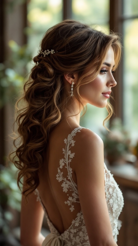 A woman with side swept curls and delicate hair accessories, showcasing a beautiful bridesmaid hairstyle.
