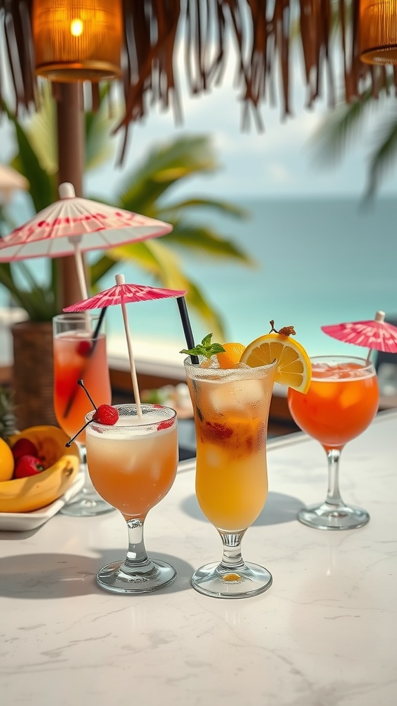 Colorful beach cocktails with umbrellas and fruits on a table near the ocean.