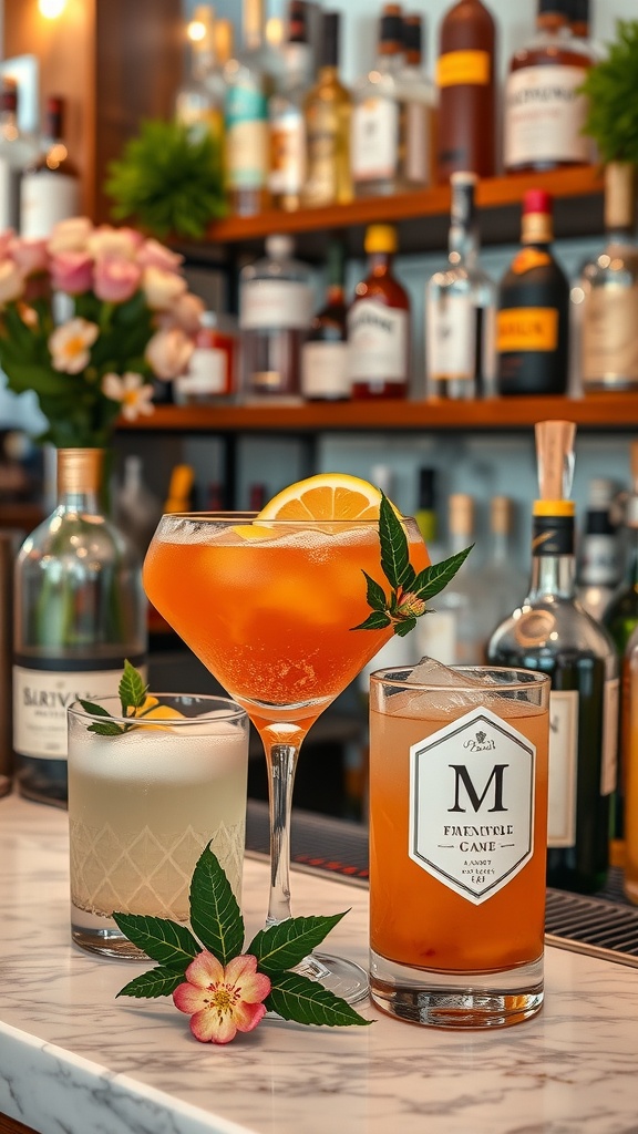 Three eye-catching cocktails on a bar with plants and bottles in the background