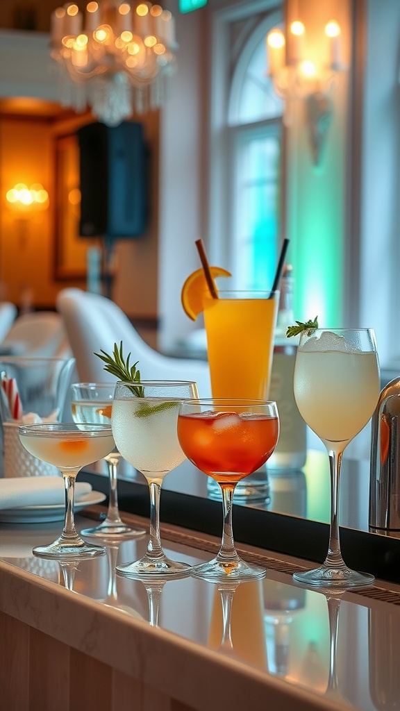 A variety of colorful signature cocktails displayed elegantly, featuring different glassware and garnishes.
