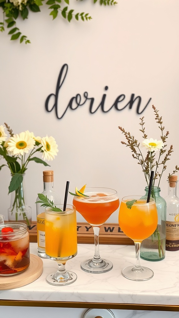 A beautifully arranged signature drink station with various colorful cocktails and decor.