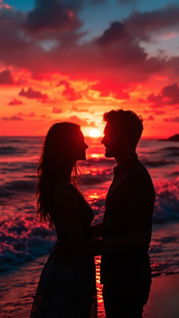 Silhouette of a couple at sunset on the beach