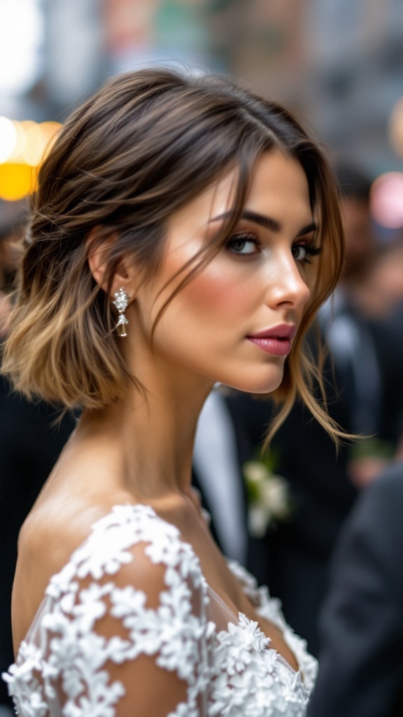Bride with a chic bob hairstyle elegantly styled for a summer wedding.