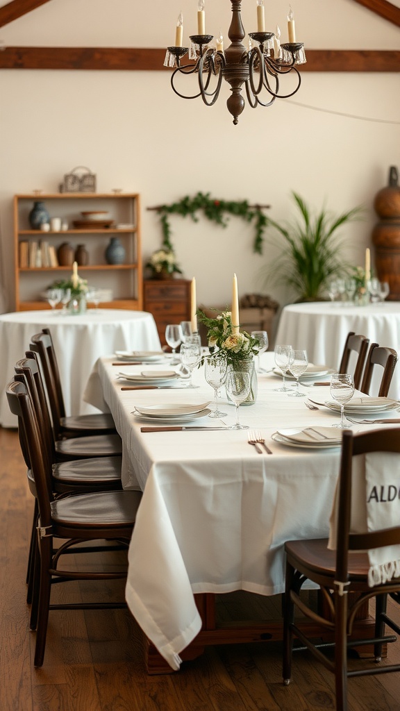 A simple and elegant barn wedding table setting with white tablecloths, wooden chairs, and greenery centerpieces.
