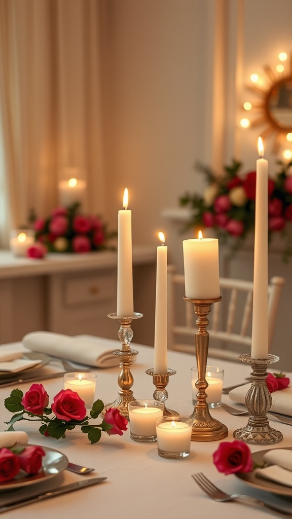 A beautifully arranged wedding table with candles and roses.
