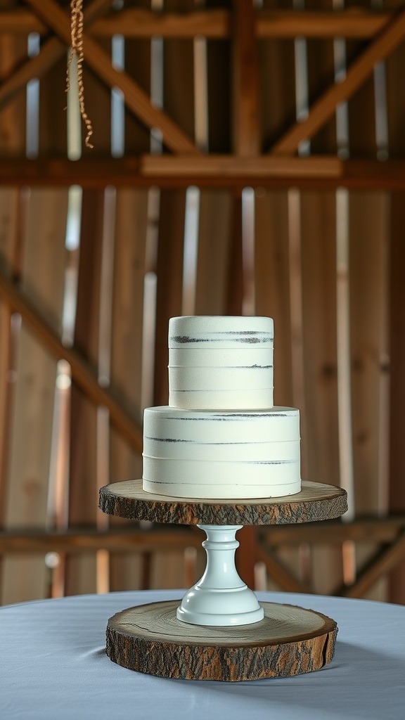 A simple two-tiered wedding cake on a rustic wooden stand, set against a barn backdrop.