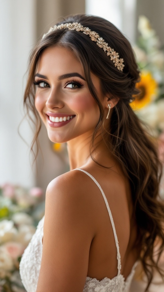 A smiling bridesmaid with long, flowing hair and a decorative headband, showcasing a simple hairstyle.