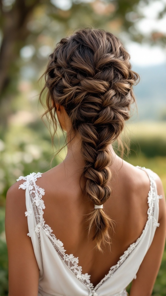 A simple knotted braid hairstyle on a woman, showing a relaxed and elegant look suitable for bridesmaids.