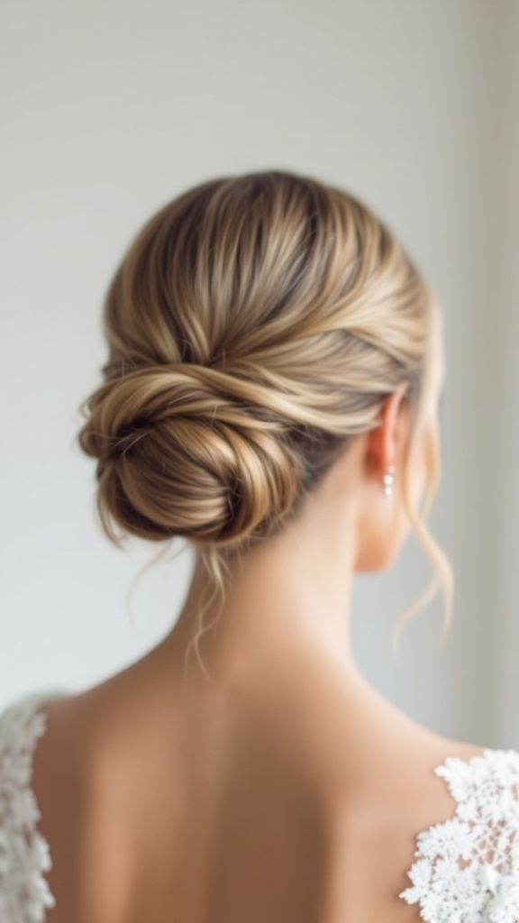 A sleek bun hairstyle perfect for bridesmaids, featuring smooth hair and soft waves framing the face.
