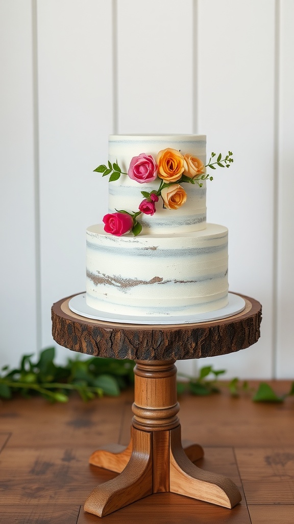 A two-tier wedding cake decorated with colorful roses on a wooden cake stand.