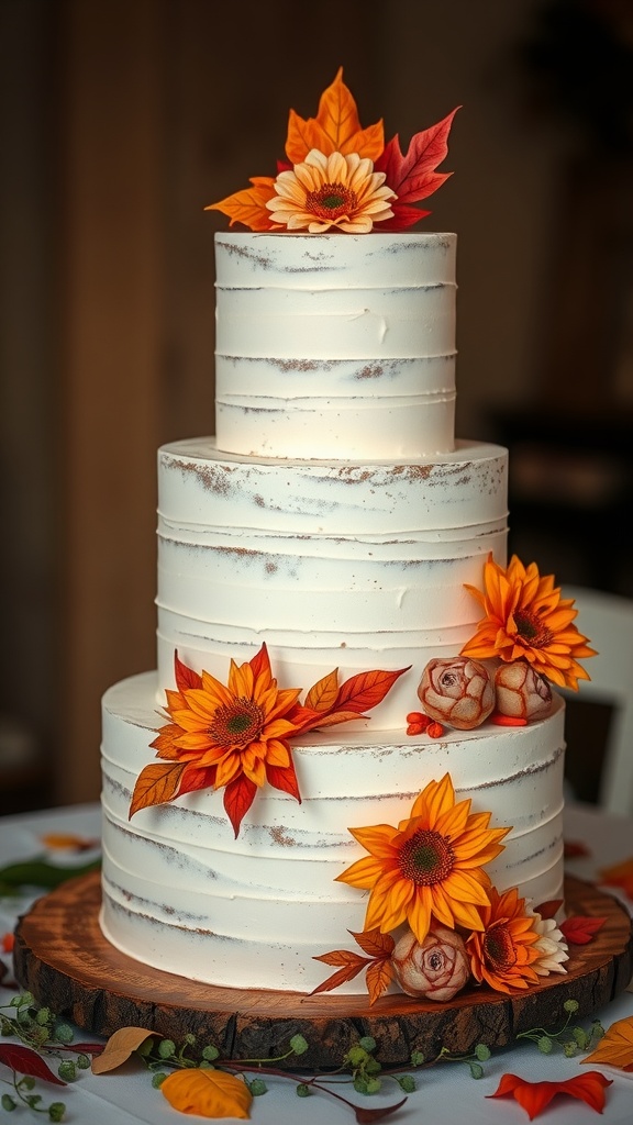 A three-tiered wedding cake decorated with sunflowers and autumn leaves on a wooden base.