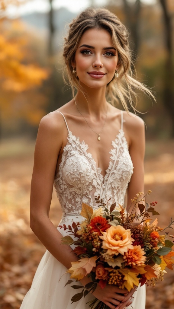 A bride wearing a simple white dress with a colorful autumn bouquet, surrounded by fallen leaves.