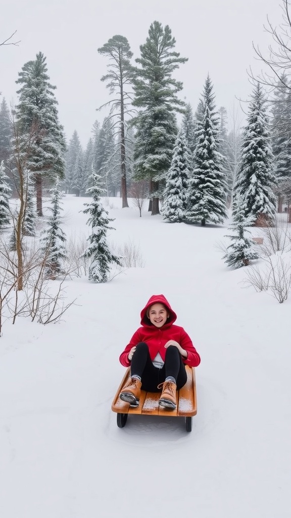 A person enjoying a sled in a snowy landscape surrounded by pine trees.