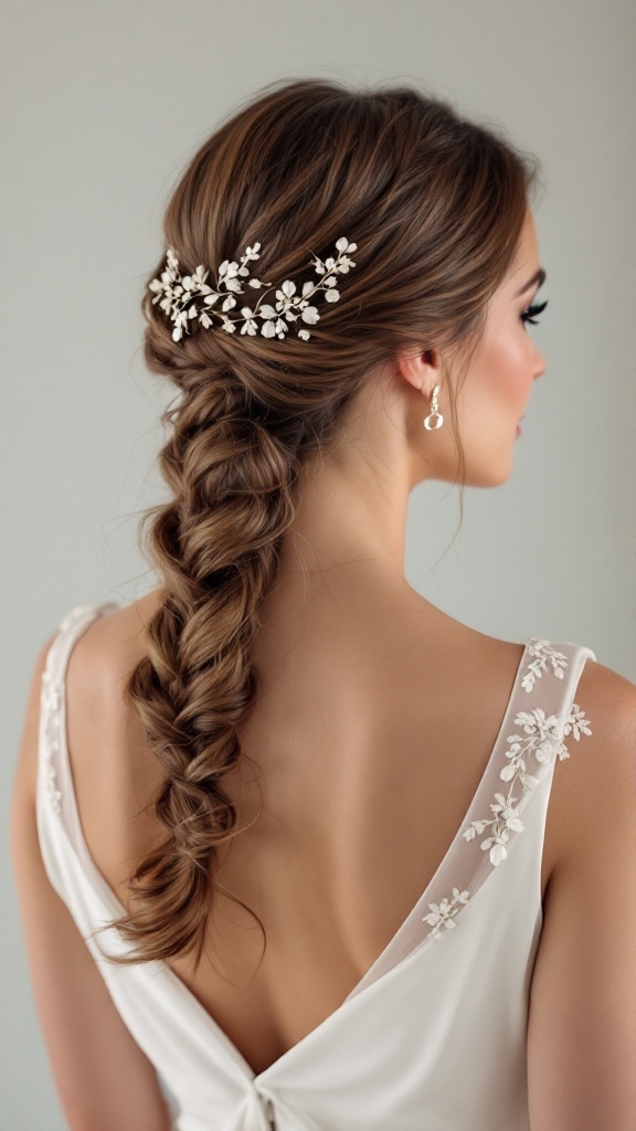 A sleek low braid hairstyle adorned with delicate floral accents, styled elegantly for a wedding.