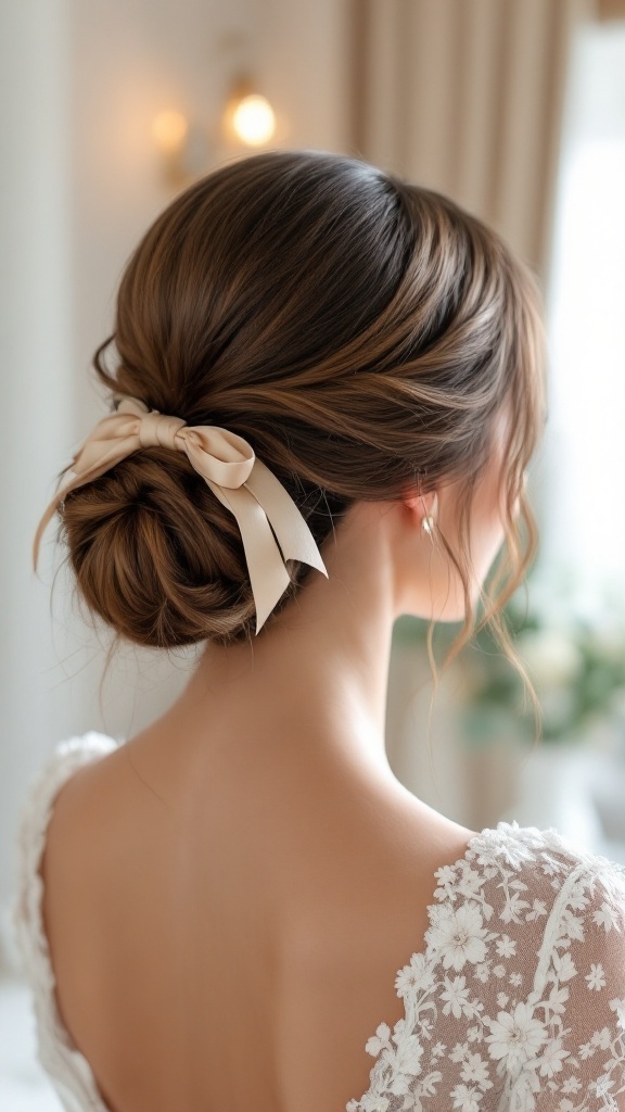A woman with medium-length hair styled in a sleek low bun, adorned with a ribbon, showcasing a delicate and elegant look.