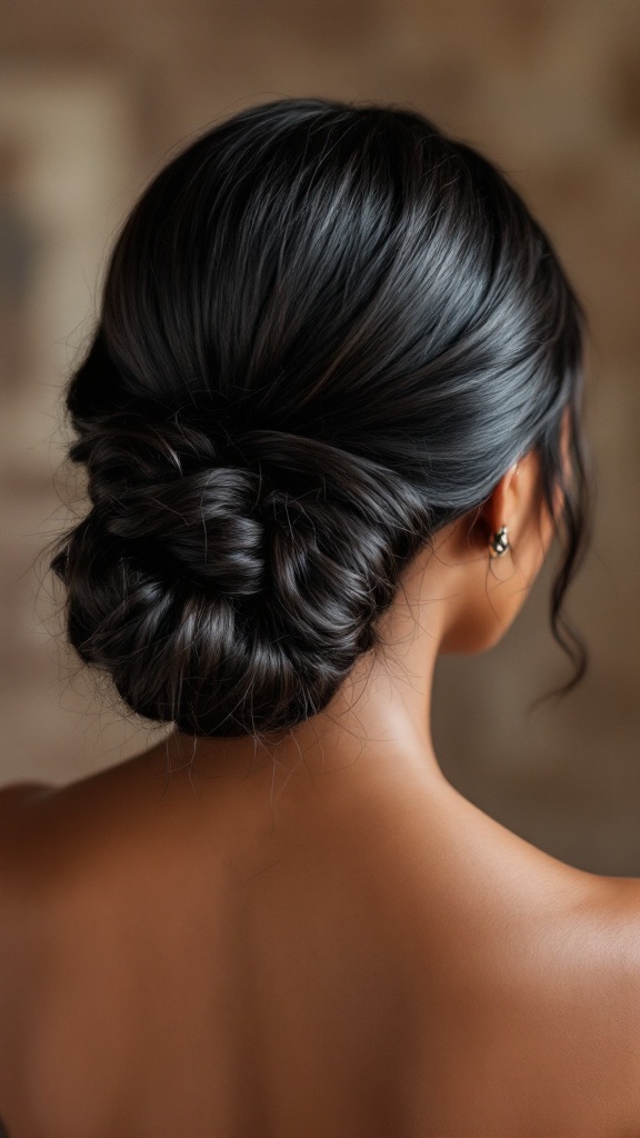 A sleek low bun hairstyle with baby hairs, showcasing a polished and elegant look.
