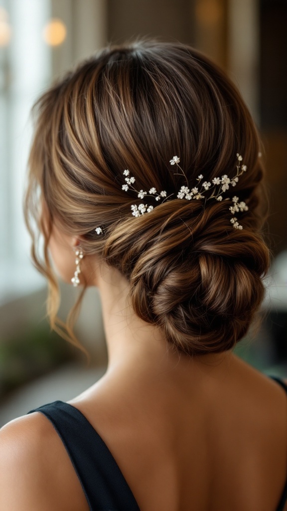 Sleek low bun hairstyle adorned with small white flowers, showcasing a polished look