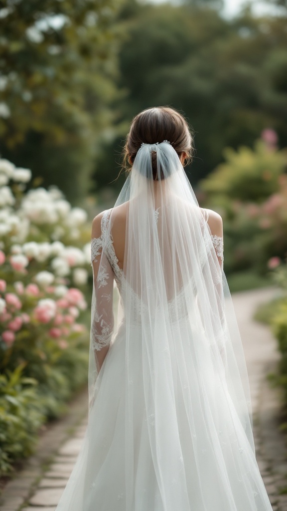 Bride with a sleek low bun and veil, standing in a garden