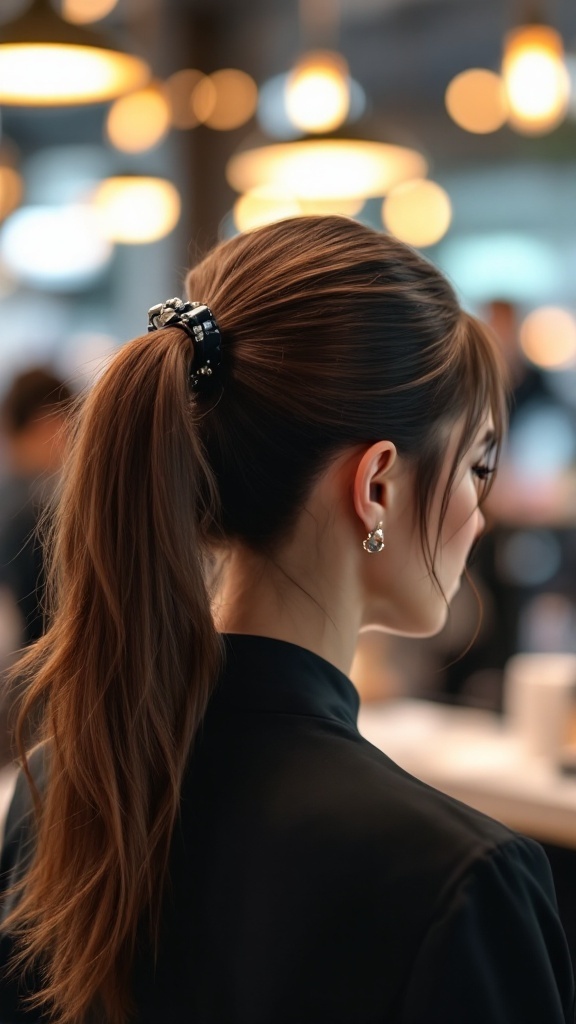 A woman with medium-length hair styled in a sleek ponytail, adorned with a decorative black scrunchie.