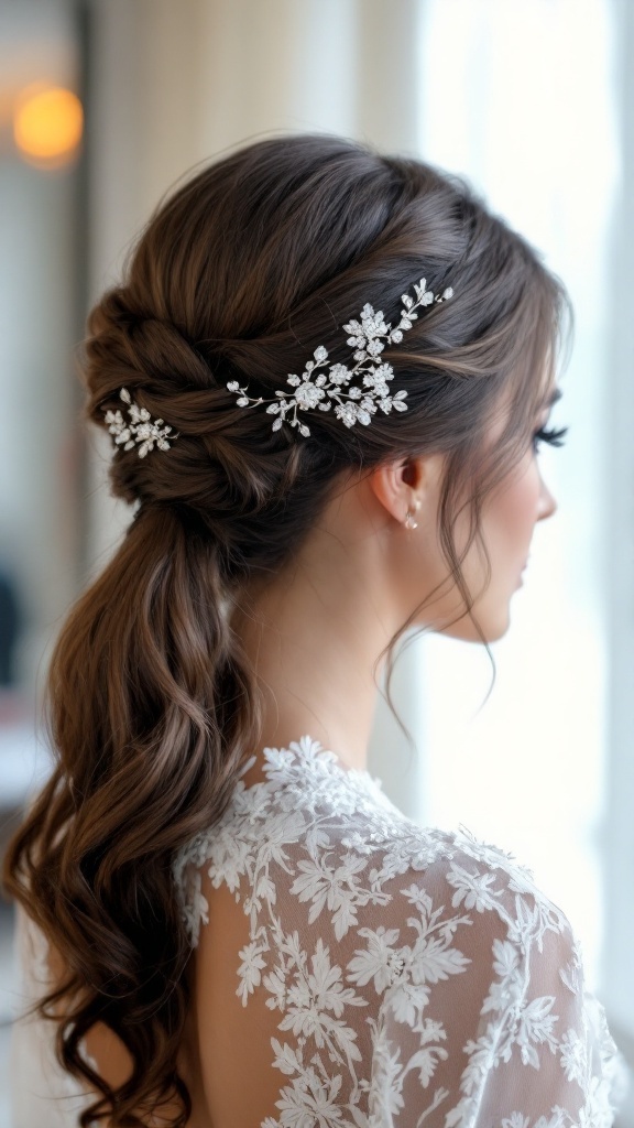 A bride with a sleek ponytail adorned with a delicate hair accessory.