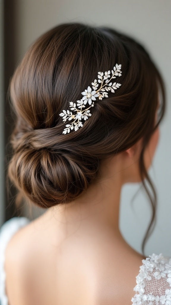 Sleek side part hairstyle with a low bun and floral hair clip