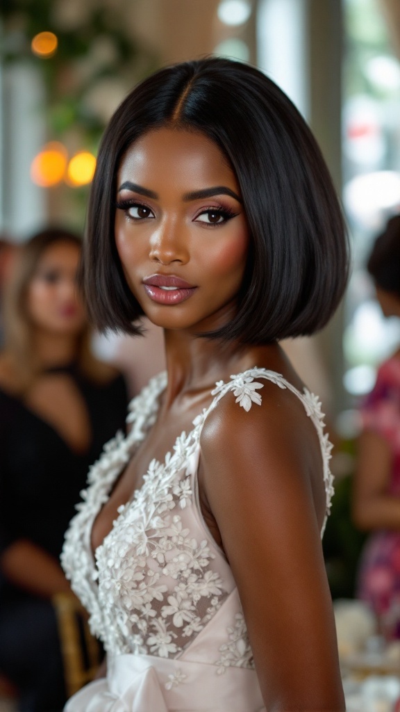 A woman with a sleek straight bob hairstyle, wearing a wedding dress with floral embroidery.