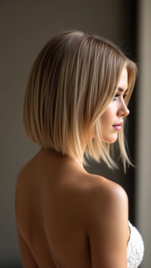 A sleek straight bob hairstyle with a side part, showcasing smooth hair just above the shoulders.
