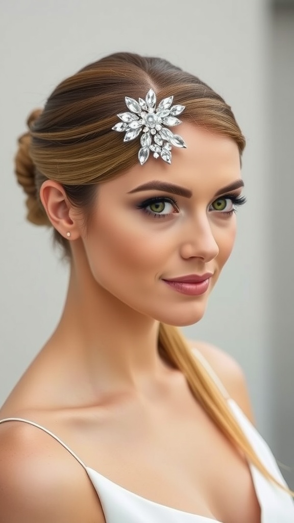 A woman with sleek straight hair styled with a decorative clip, showcasing a spring wedding hairstyle.