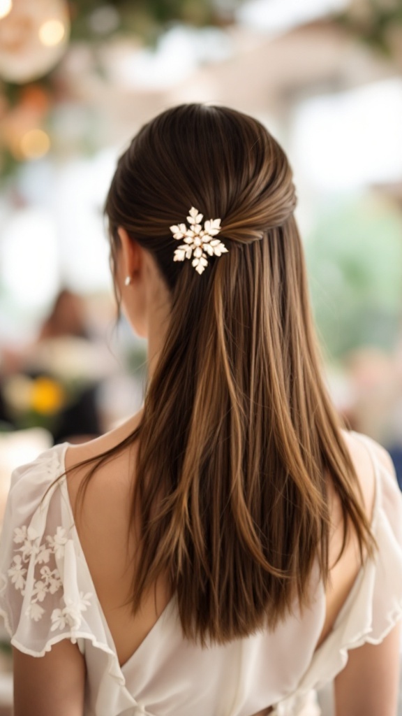 Bridesmaid hairstyle featuring sleek straight hair with a decorative hairpin.