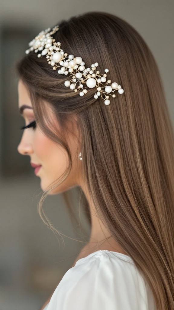 A woman with sleek straight hair adorned with a decorative headband