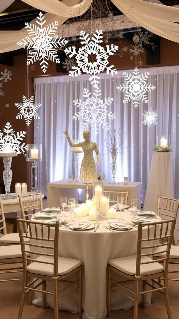 A beautifully decorated winter bridal shower setting with snowflake decor, elegant table settings, and warm candlelight.