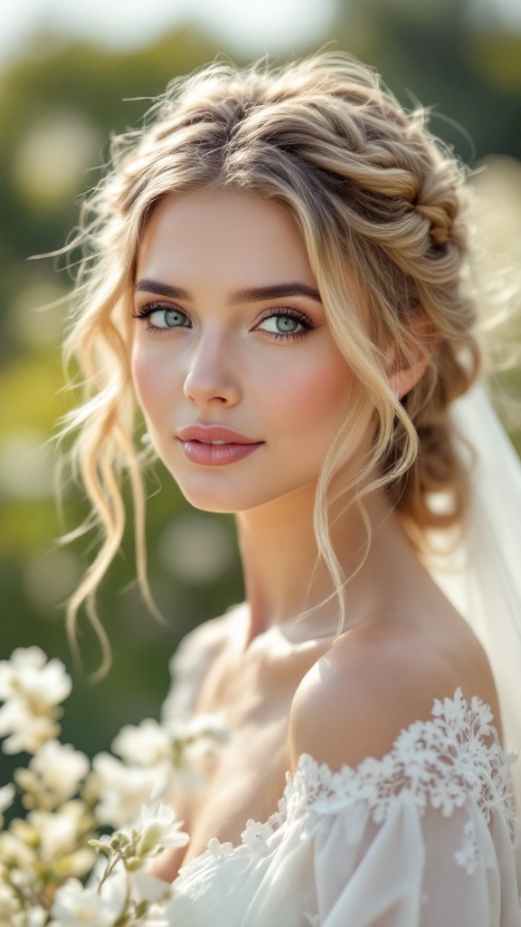 Bride with soft braid and loose tendrils, holding flowers