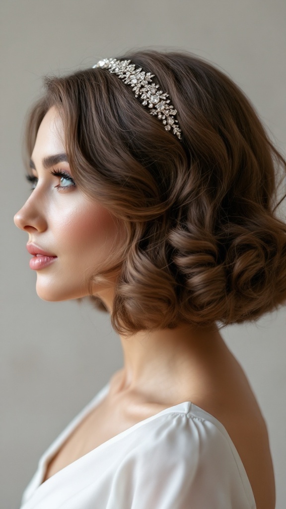 Side profile of a woman with a soft curled bob hairstyle and a rhinestone headband