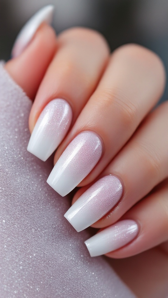Close-up of hands with a soft pink and white gradient nail design, featuring chrome highlights.