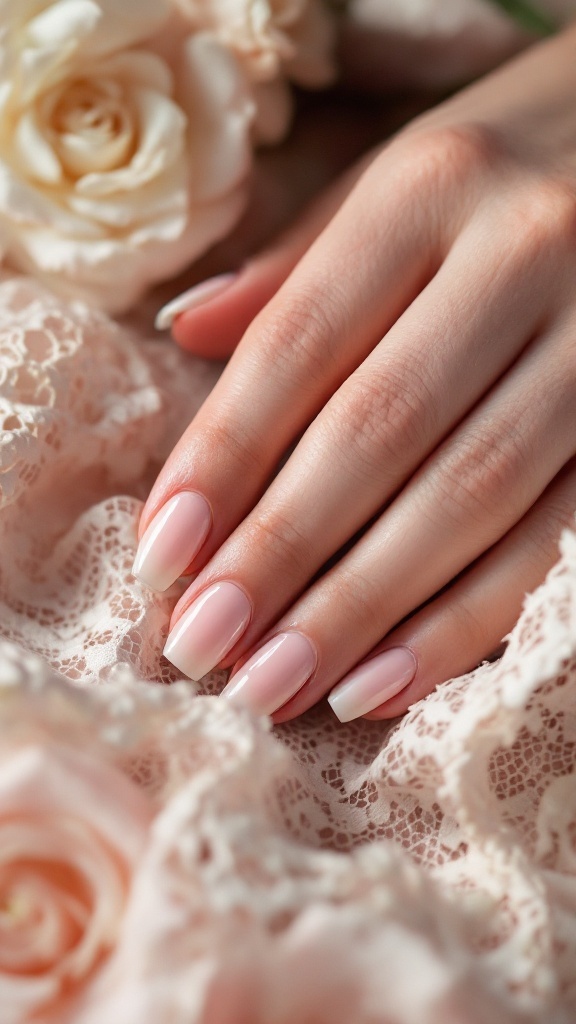 Beautiful bride's hand with soft pastel nails on lace and roses