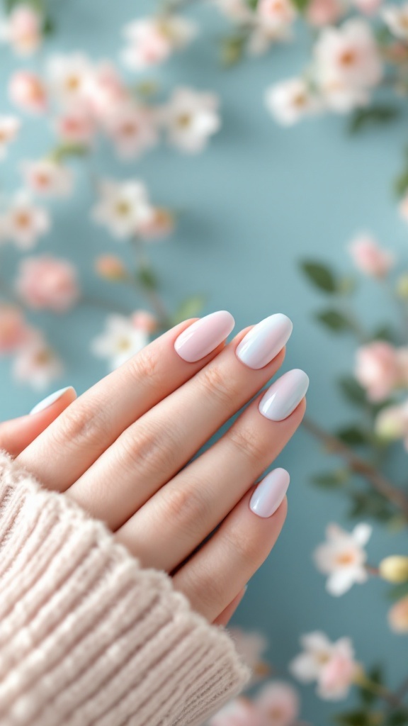 A close-up of pastel gel nails against a soft floral background.